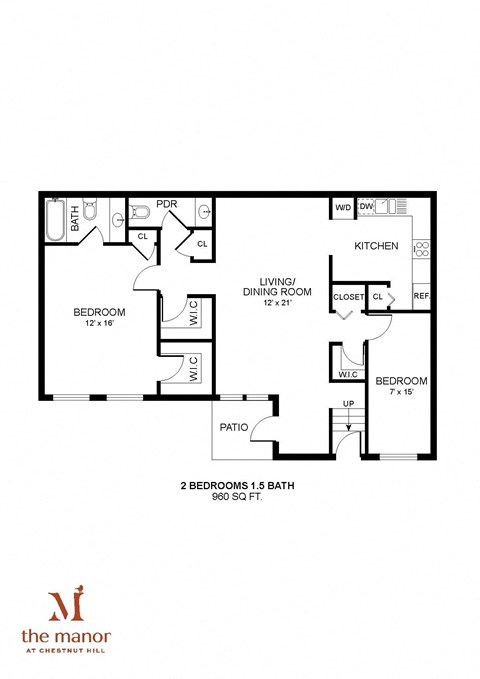 Floor plan for 2 beds, 2 baths, 960 sqft